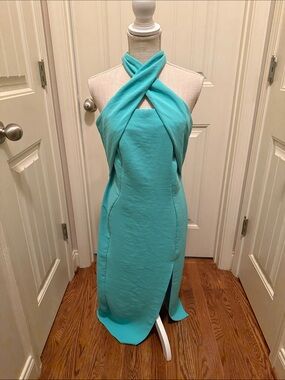 Aqua Halter Cross-Front Midi Dress